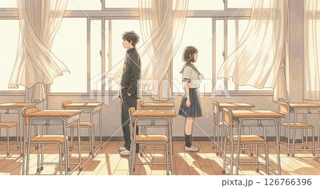 天気の良い日の教室に立つ高校生ふたりの一場面 天気の良い日の教室に立つ高校生ふたりの一場面 126766396