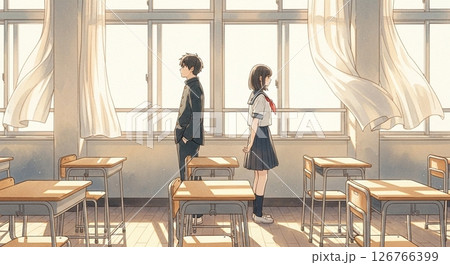 天気の良い日の教室に立つ高校生ふたりの一場面 126766399