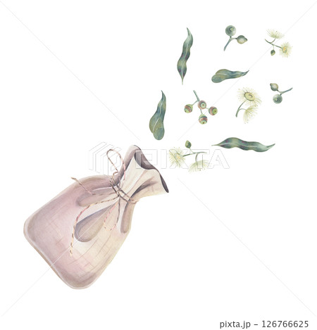 Linen bag with eucalyptus, tied with a delicate string, shoots, leaves, flowers, watercolor isolated on white. Botanical illustration of medicinal herbs hand drawn for natural cosmetics, aromatherapy Linen bag with eucalyptus, tied with a delicate string, shoots, leaves, flowers, watercolor isolated on white. Botanical illustration of medicinal herbs hand drawn for natural cosmetics, aromatherapy 126766625