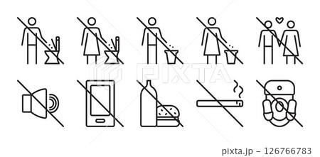 Prohibitory signs for public toilets, WC black line vector icon set. Collection of monochrome outline pictograms for women and men restrooms, 10 symbols Prohibitory signs for public toilets, WC black line vector icon set. Collection of monochrome outline pictograms for women and men restrooms, 10 symbols 126766783