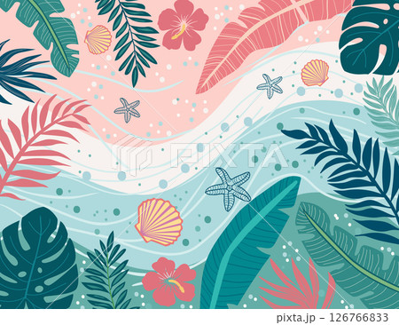 Summer paradise exotic jungle foliage and coastal background. Summer paradise exotic jungle foliage and coastal background. 126766833