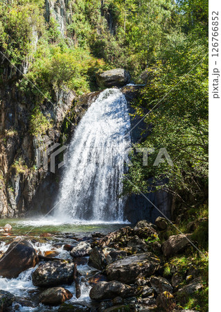 Vertical photography featuring Waterfall Korbu on a summer day. Altai 126766852