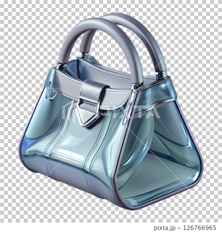 Transparent blue handbag, trendy see-through clutch with glossy texture, fashion accessory isolated on transparent background, modern minimalistic design 126766965