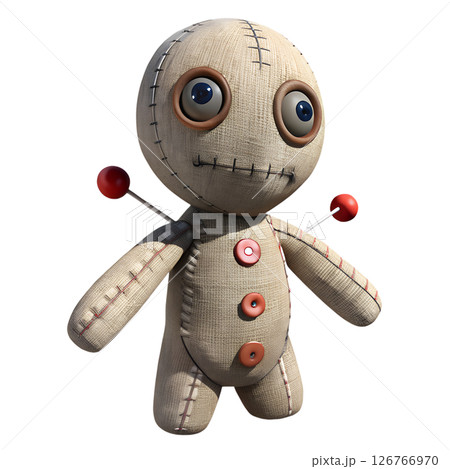 Cute voodoo doll with pins 3d illustration, cartoon-style design, isolated on transparent background, magic, witchcraft 126766970