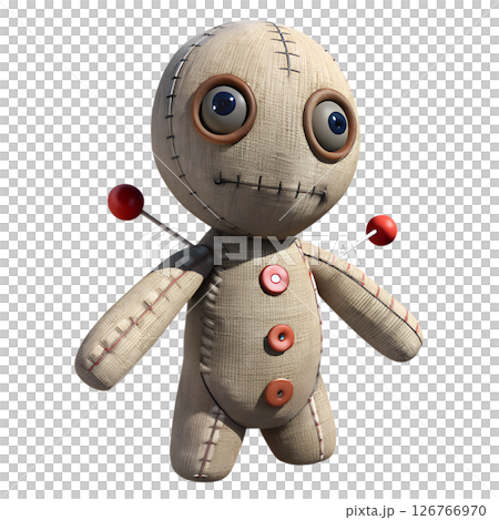 Cute voodoo doll with pins 3d illustration, cartoon-style design, isolated on transparent background, magic, witchcraft 126766970