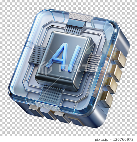 Futuristic ai processor chip, glowing circuits, holographic tech, cyberpunk-style semiconductor, isolated on transparent background, computing innovation 126766972