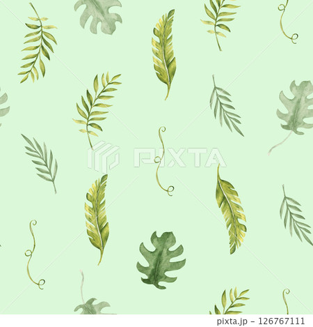 Tropical Leaves Seamless Pattern on a bright green background. Palm, Eucalyptus and Monstera with Liana. Watercolor Hand drawn botanical illustration. For packaging paper and textile prints. 126767111