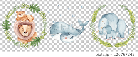 Wild animals families compositions set. Cute elephant, lion in tropical leaves wreaths. Whale baby and adult in water bubbles. Watercolor hand drawn illustrations isolated on white background. For kid 126767245