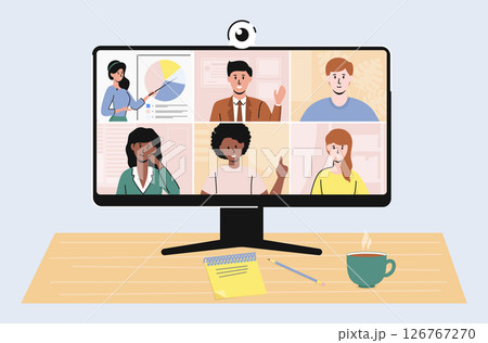 Cartoon Color Characters People Colleagues and Video Conference Concept Flat Design Style. Vector illustration of Online Meeting 126767270