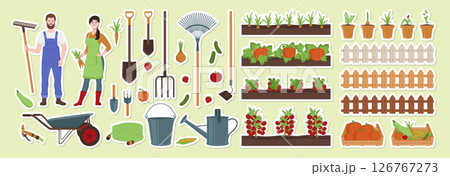 Cartoon Color Characters People Farmers Stickers Concept Flat Design Style Include of Vegetable, Pitchfork and Fence. Vector illustration 126767273
