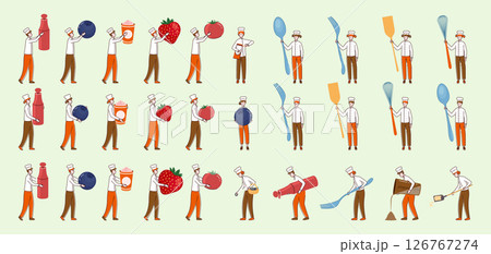 Cartoon Color Tiny Characters Holding Kitchen Appliances and Food Products Concept Front and Side View .Vector illustration 126767274
