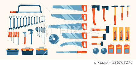 Cartoon Color Tool Store Different Types Saws, Axes and Spanners Set Concept Flat Design Style. Vector illustration 126767276
