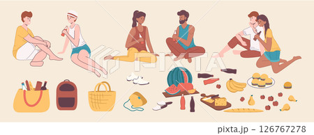 Cartoon Color Different Characters People Friends Set for Seashore Recreation Concept. Vector illustration 126767278