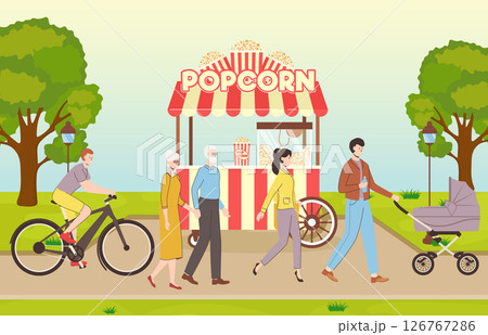 Cartoon Color Popcorn Street Food Cart without a Seller in Park Concept Landscape Scene Flat Design Style. Vector illustration 126767286