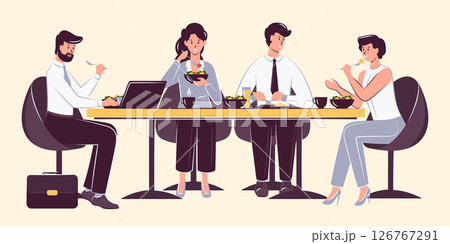Cartoon Color Characters People and Lunch Time Concept Flat Design Style Together Meal. Vector illustration of Coffee Break 126767291