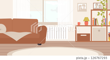 Cartoon Color Living Room with Window, Shelving, Sofa and Carpet Interior Inside Concept Flat Design Style . Vector illustration 126767293