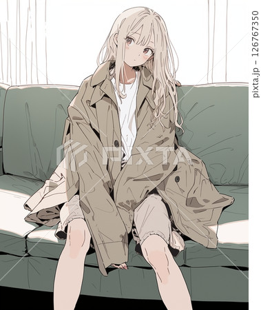 ソファに座る少してれた女の子・イラスト「AI生成画像」 126767350