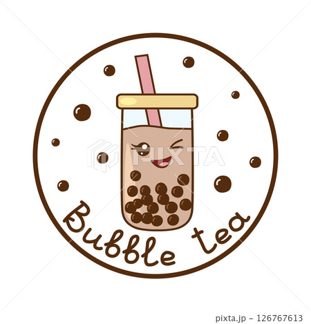 Kawaii winking bubble tea with boba tapioca pearls in a circle frame with lettering, vector 126767613