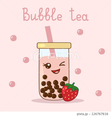 Kawaii style strawberry bubble tea, also known as boba, served in a glass jar, with lettering 126767616