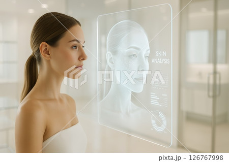 Woman using digital screen for futuristic facial skin analysis in a clean, modern dermatology clinic Woman using digital screen for futuristic facial skin analysis in a clean, modern dermatology clinic 126767998