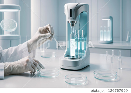 Scientist working with high-tech skincare lab equipment and ampoules in a clean, futuristic laboratory setting 126767999