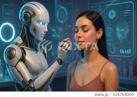 Futuristic robot applying digital makeup to woman face in glowing high tech beauty lab with neon holograms Futuristic robot applying digital makeup to woman face in glowing high tech beauty lab with neon holograms 126768000