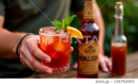 Close-up of hands grasping a glass of Mamajuana beside a wooden bottle in a rustic Caribbean ambiance 126768005