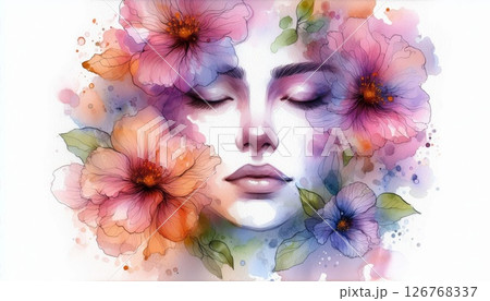 Soft petals float around a dreamy face, painted in a vivid watercolor mix, full of grace and quiet emotion Soft petals float around a dreamy face, painted in a vivid watercolor mix, full of grace and quiet emotion 126768337