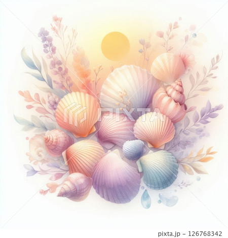 Translucent seashells in soft sunrise hues of peach, yellow, lavender, and blue, floating in a light watercolor composition 126768342