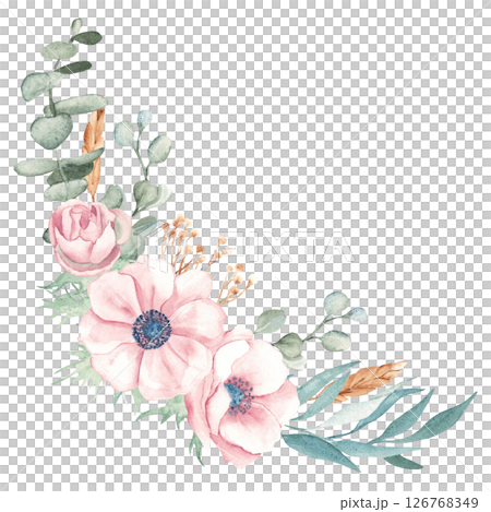 Anemone Corner Bouquets with Eucalyptus Branches, Dry yellow Tansy and Spikelets of Wheat or Rye. Watercolor Hand drawn floral compositions isolated on a background. For greeting birthday cards 126768349