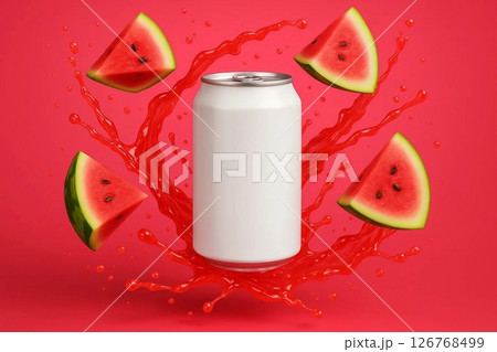 White Beverage Can with Watermelons on Red Background 126768499