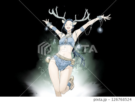 夜の森を散歩する楽しそうなシカの妖精のイラスト素材 夜の森を散歩する楽しそうなシカの妖精のイラスト素材 126768524