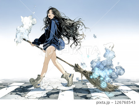 魔法のほうきを持って横断歩道を渡る笑顔の魔女のイラスト素材 126768543