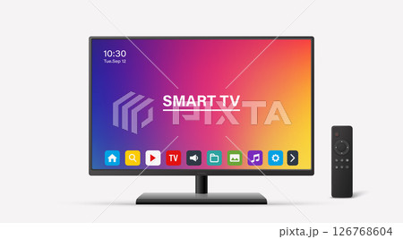 Smart TV Vector Illustration with Remote Control. Modern Smart TV Vector Art for Interface Design. Realistic Smart TV Vector for Technology Mockup. Stylish Television and Remote for App and Branding 126768604