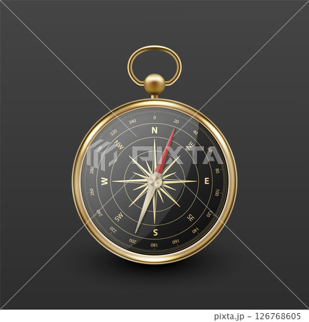 Realistic 3D Vector Compass with Gold Metallic Frame, Navigation Tool Illustration. Vintage Wind Rose Symbol on Dial, Compass Icon Close-up, Isolated 126768605