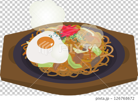 鉄板に盛り付けられた焼きそばのイラスト 126768672
