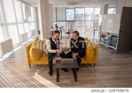 Two Caucasian men discussing work on a laptop while sitting on a sofa. Modern office.  126768679