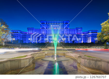 alace of the Parliament at Blue Hour with Light Trails Bucharest, Romania 126768707