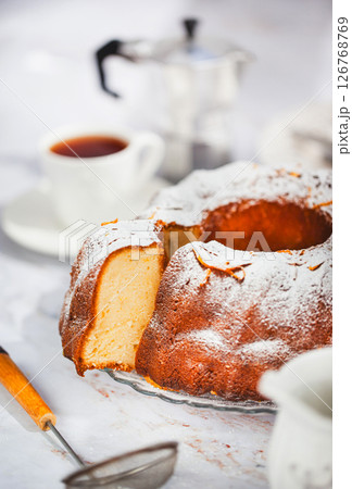 Delicious homemade orange and mascarpone bundt cake 126768769