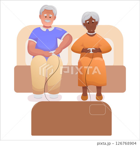 Cute elderly couple playing video games together. Happy seniors spending time together actively 126768904