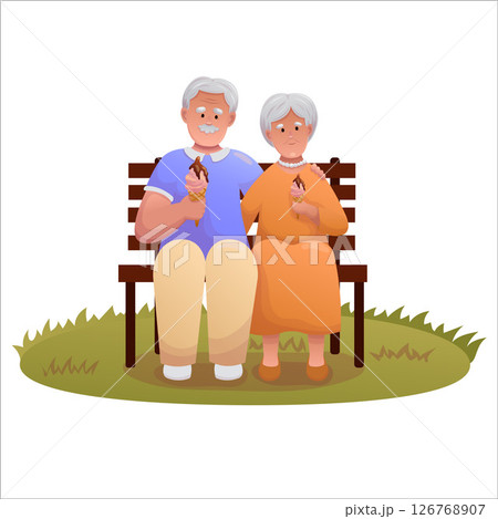 Cute elderly couple sitting on a park bench and eating ice cream. Happy seniors spending time outdoors together 126768907