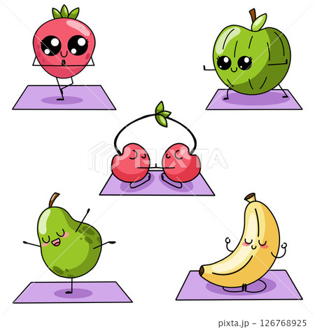 Set of fruits doing yoga. Kawaii style 126768925