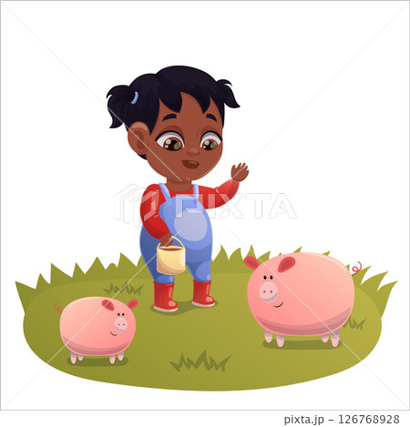 Illustration of a child doing gardening and animal husbandry 126768928