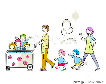 お散歩カートに乗って散歩する園児たちと保育士・幼稚園教諭｜保育・幼稚園イラストシリーズ 126769074