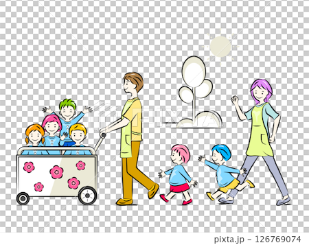 推著嬰兒車散步的孩子和保育員、幼兒園老師 |托兒所和幼兒園插圖系列 126769074