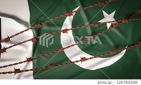The Pakistan flag and Barbed wire image 3d Rendering. 126769206