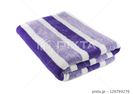 Carefully folded soft striped bath purple towel isolated on white background Carefully folded soft striped bath purple towel isolated on white background 126769276