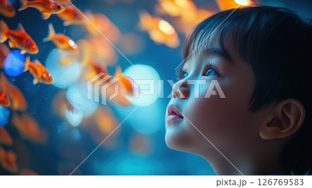 Child Wonders at Aquarium Fish Tank 126769583