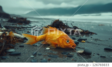 Dead goldfish on polluted beach, stormy seascape background Dead goldfish on polluted beach, stormy seascape background 126769833