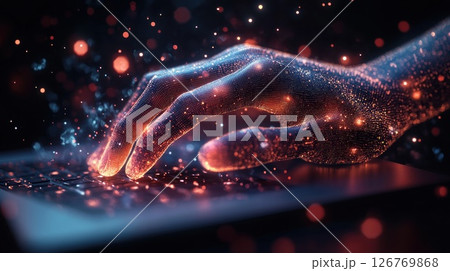 Digital hand typing on laptop, glowing particles, dark background 126769868